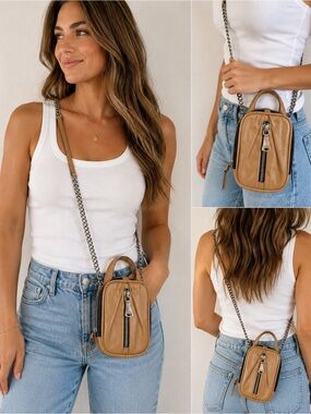 Aimee Kestenberg Tamitha Leather Phone Crossbody Bag Tan Silver Chain Strap